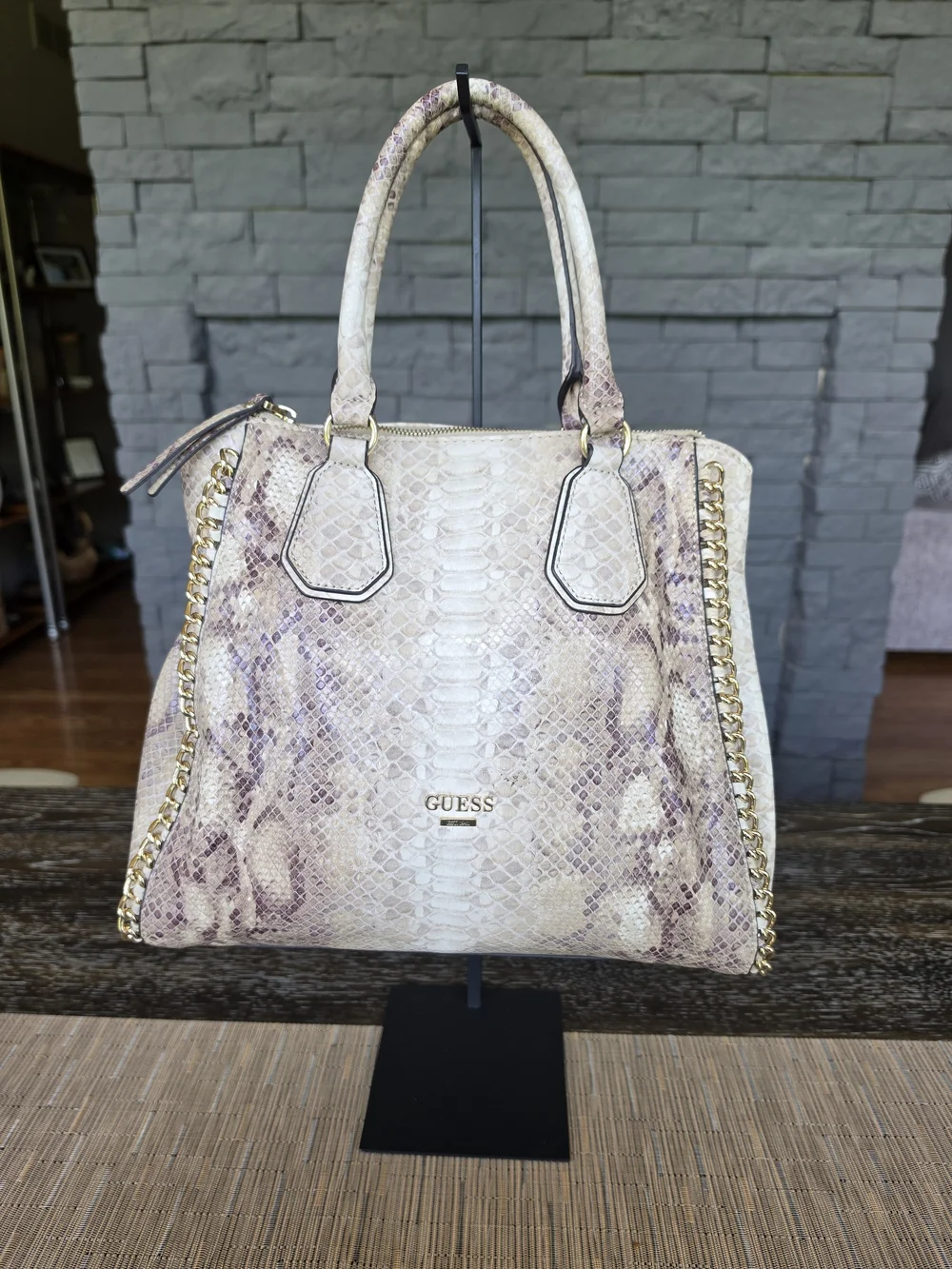 GUESS Women's Snake-Embossed Satchel in Cream with Gold Chain Accents